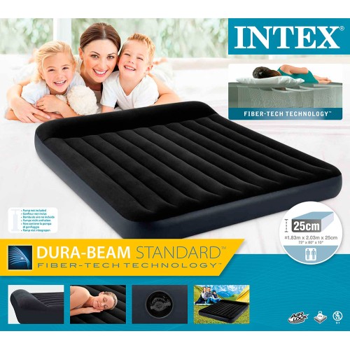 Intex 64144 (183x203x25 см) надувной матрас с подголовником, Classic, до 272кг