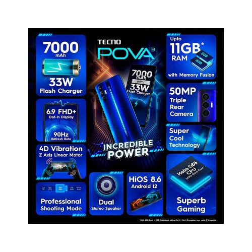 Tecno Pova 3 (6/128 GB) Electric Blue, смартфон