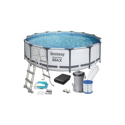 Bestway 5612Z Steel Pro Max, каркасный бассейн с фильтр-насосом, лестница, тент (488х122см, 19480 л)
