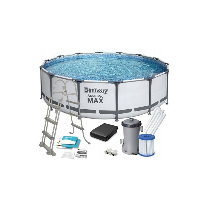 Bestway 5612Х Steel Pro Max, каркасный бассейн с фильтр-насосом, лестница, тент (427х122см, 15232 л)