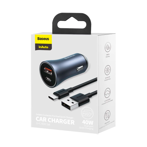 Baseus Golden Contactor Pro Dual Quick Charger Car Charger U+C 40W + кабель USB - Type-C, автомобильное зарядное устройство