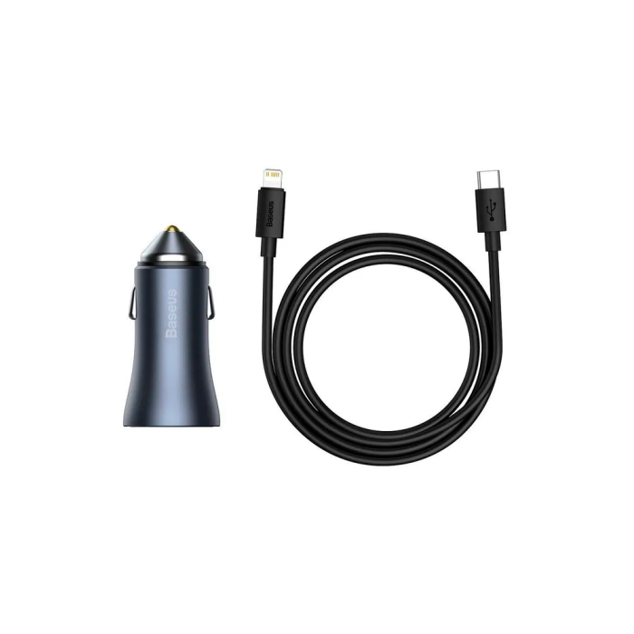 Baseus Golden Contactor Pro Dual Quick Charger Car Charger, 20W + кабель USB-Type-C+lightning, автомобильное зарядное устройство