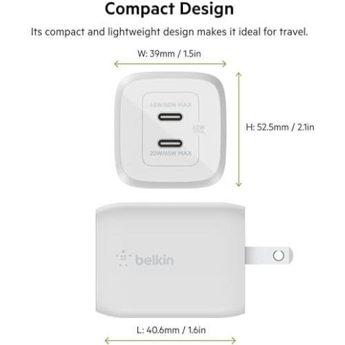 Belkin 65W DUAL USB-C GAN WALL CHARGER WITH PPS WH, зарядное устройство