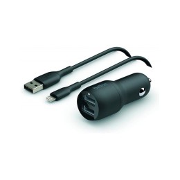 Belkin DUAL USB-A CAR CHARGER w/ 1M PVC A-LTG 24W BLK, автомобильное зарядное устройство