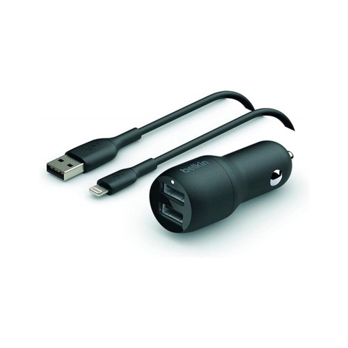 Belkin DUAL USB-A CAR CHARGER w/ 1M PVC A-LTG 24W BLK, автомобильное зарядное устройство