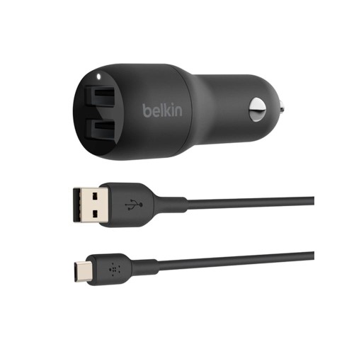 Belkin DUAL USB-A CAR CHARGER w/ 1M PVC A-mUSB 24W BLK, автомобильное зарядное устройство