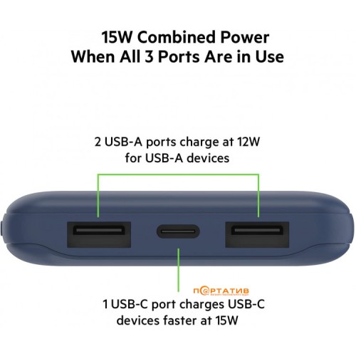 Belkin 10000mAh 15W Dual USB-A USB-C blue, внешний аккумулятор