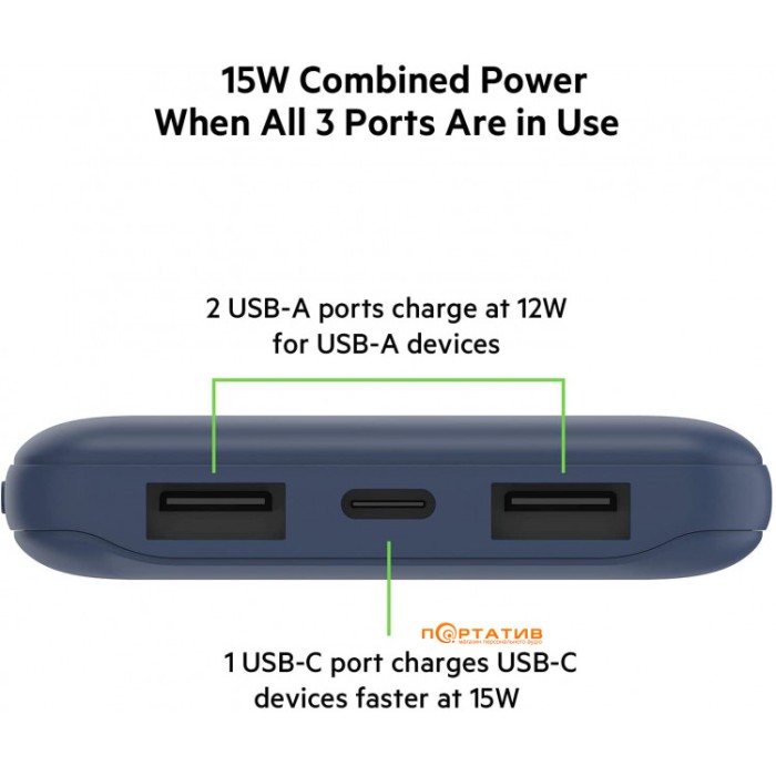 Belkin 10000mAh 15W Dual USB-A USB-C blue, внешний аккумулятор