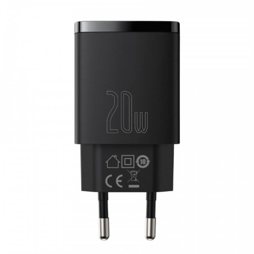 Baseus Compact Quick Charger USB+Type-C 3A 20W black, сетевое зарядное устройство